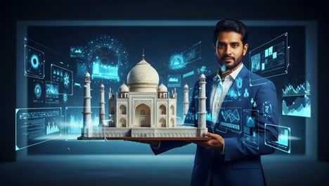 a modern vision: a man proudly displays a high-tech model of an iconic monument amidst a futuristic digital interface, bridging tradition with innovation and technology