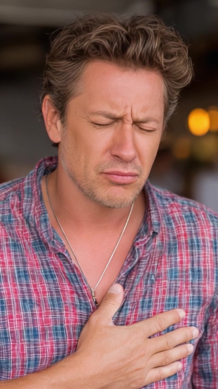 A Man Expressing Emotional Distress, Clutching His Chest in a Moment of Reflection Amidst a Lively Atmosphere, Illustrating Vulnerability and Human Experience