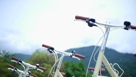크림색 자전거 4대가 산과 나무를 배경으로 서로 옆에 주차되어 화창한 날 상향 기울기 카메라 동작으로 촬영되었습니다.