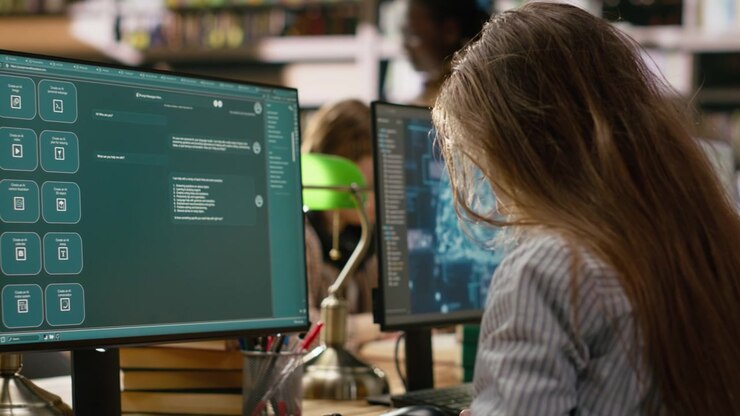 Young adult studying glowing AI brain interface on desktop monitor