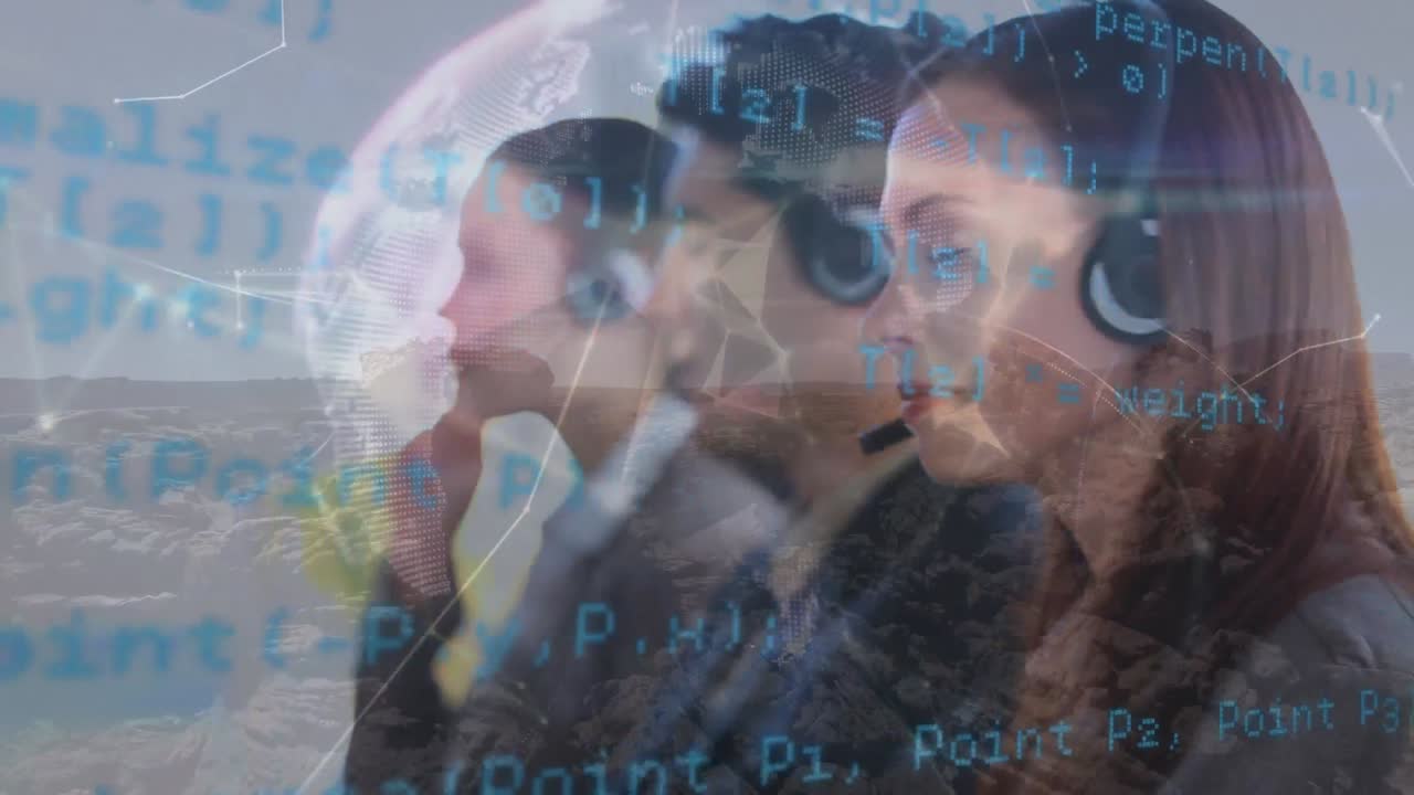 Animazione di un globo ed elaborazione dati su professionisti che usano cuffie telefoniche.