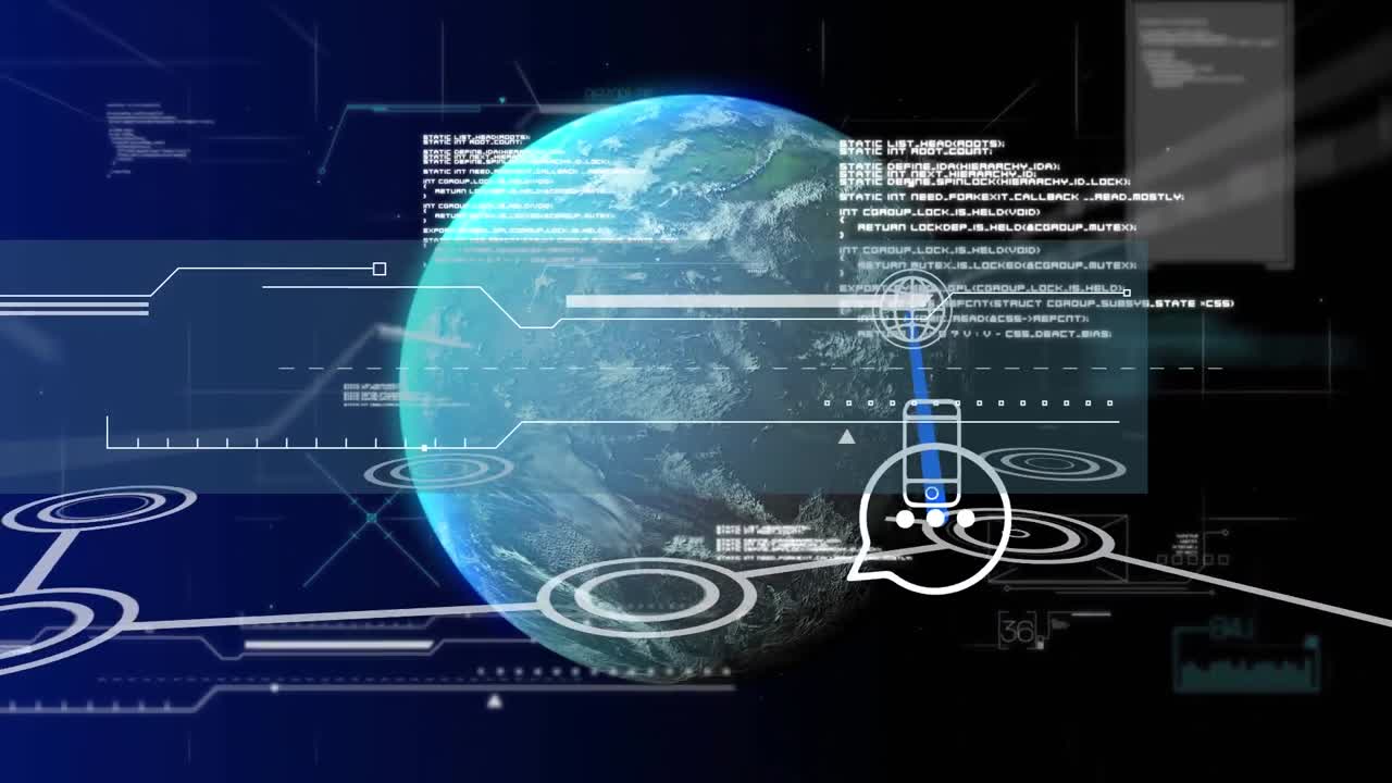 Animation of data processing and icons over globe on black background