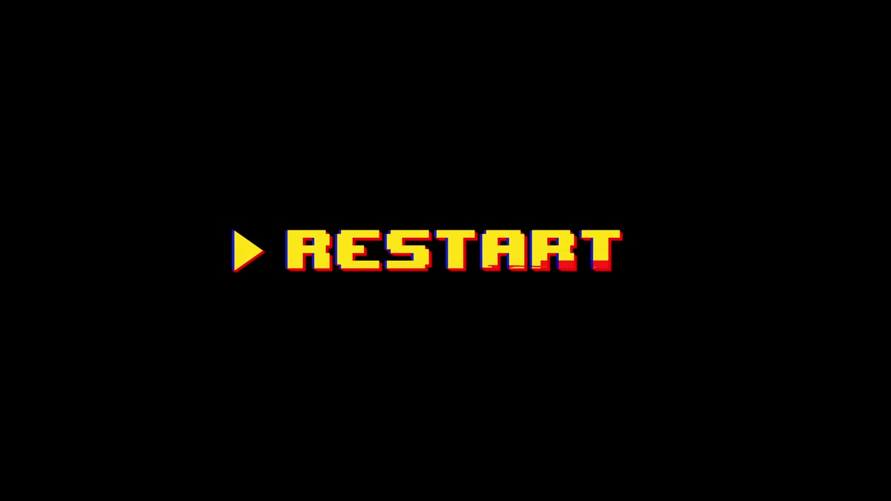 Testo 'Restart' pixelato con effetto glitch su sfondo nero