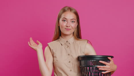 woman taking off, throwing out glasses into bin after medical vision laser treatment therapy surgery