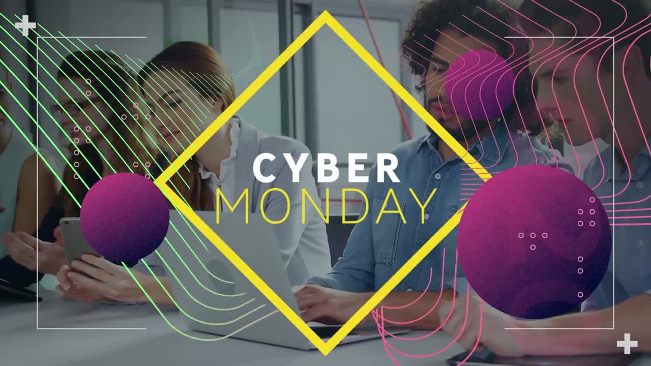 Animation of cyber monday text over diverse business people in office