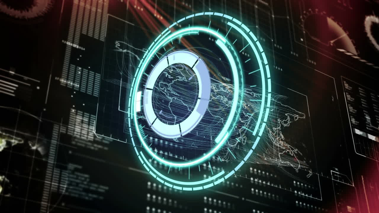 Animation of rotating safe lock over data processing on black background