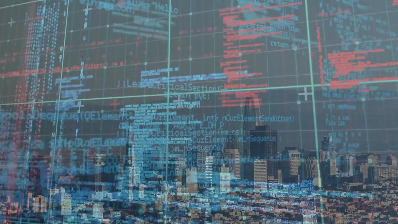 animazione dell'elaborazione dei dati su schermo digitale su cityscape