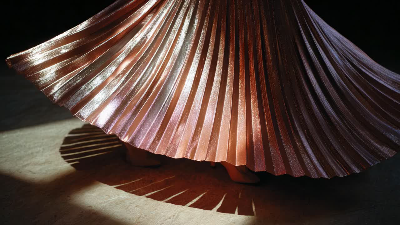 Captivating Dance in Motion: A Glittering Pleated Skirt Twirls Gracefully, Creating a Mesmerizing Display of Light and Shadow, Highlighting the Elegance and Fluidity of Movement in Fashion and Dance