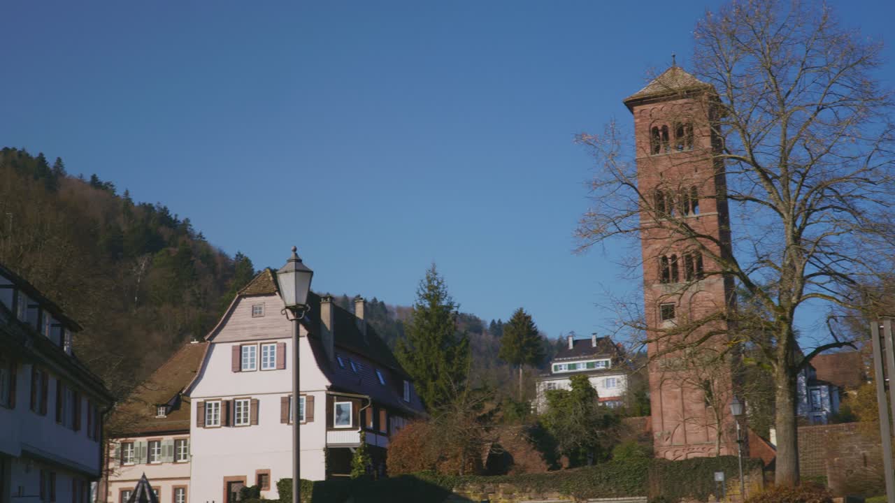 Large Building Walls Overlooking Medieval Church Ruins in Village Discovered in Baden Baden in 4K