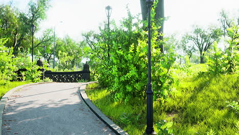 Vista-Panorámica-De-Un-Sinuoso-Camino-De-Piedra-A-Través-De-Un-Tranquilo-Parque-Verde-De-La-Ciudad