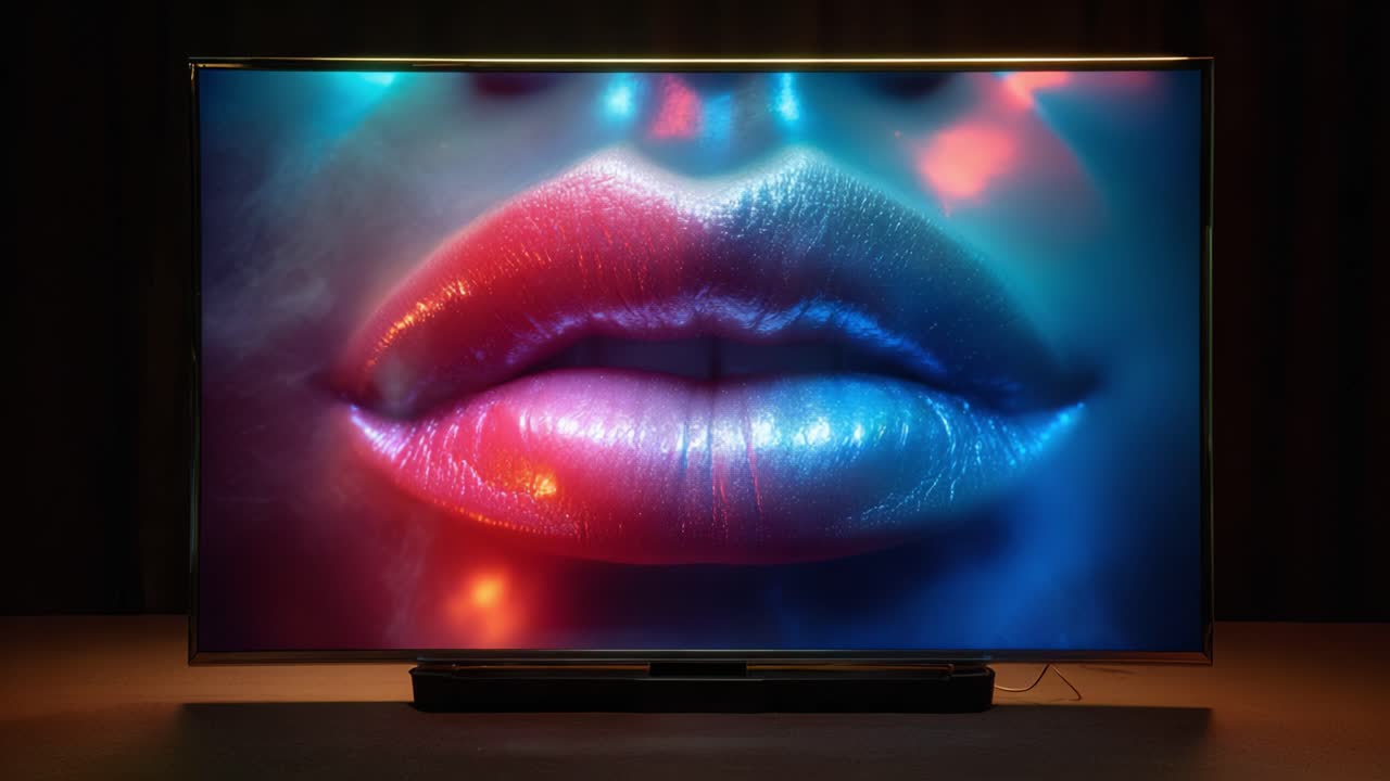 Un primo piano ipnotizzante di labbra vibranti e scintillanti, mostrate su uno schermo televisivo elegante, illuminate da riflessi di luce sorprendenti e colorati.