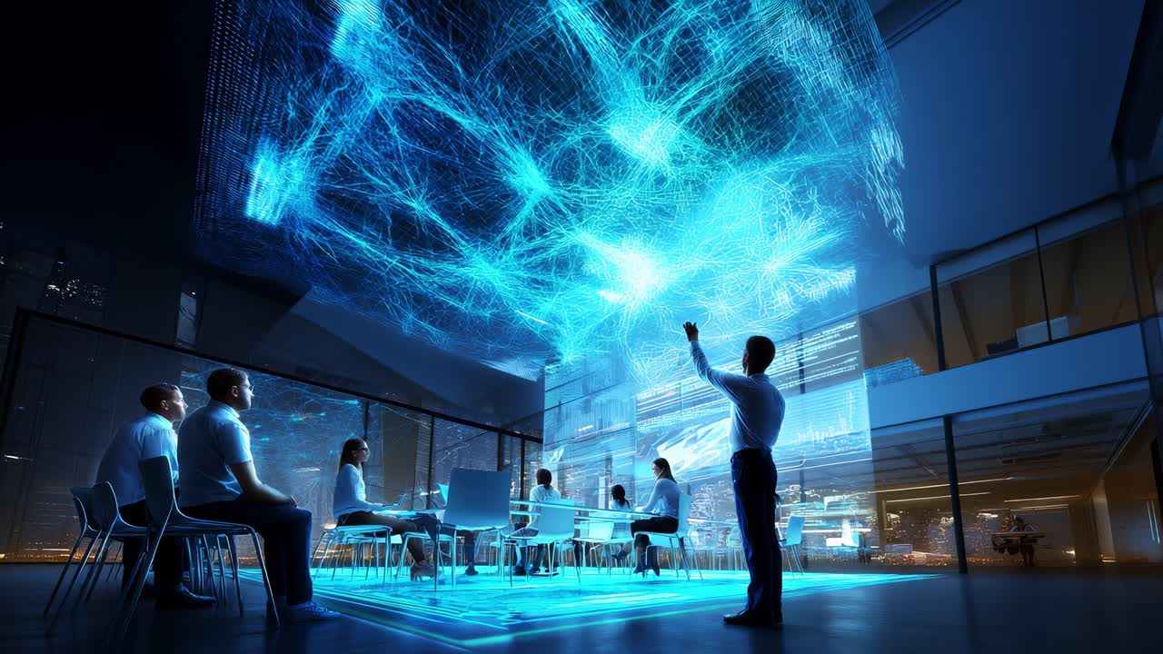 Dynamic Business Meeting Showcasing Advanced Digital Analytics and Collaboration in a Modern Workspace Emphasizing Data Visualization and Team Engagement