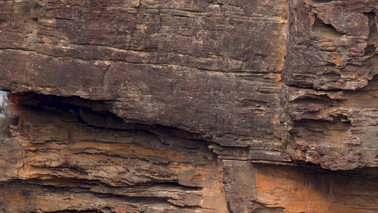 Close-up panning shot of weathered sandstone cliffs and rugged rock textures in Katoomba, Australia.