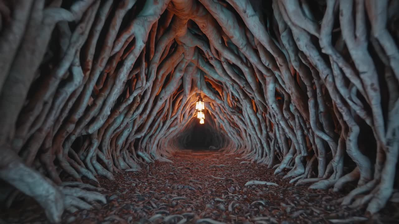 Underground tunnel with glowing lanterns and twisted roots
