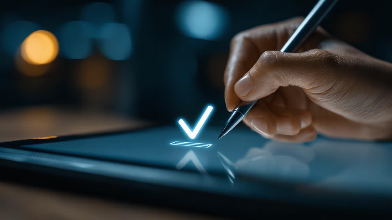 Digital Signature Process: A Hand Holding a Pen Approaches a Tablet Screen, Confirming a Checkmark with a Sleek Glare in a Modern Workspace