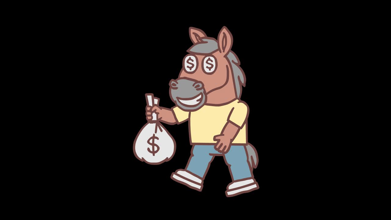 el personaje del caballo camina y sostiene una bolsa de dinero. animación cuadro por cuadro. canal alfa
