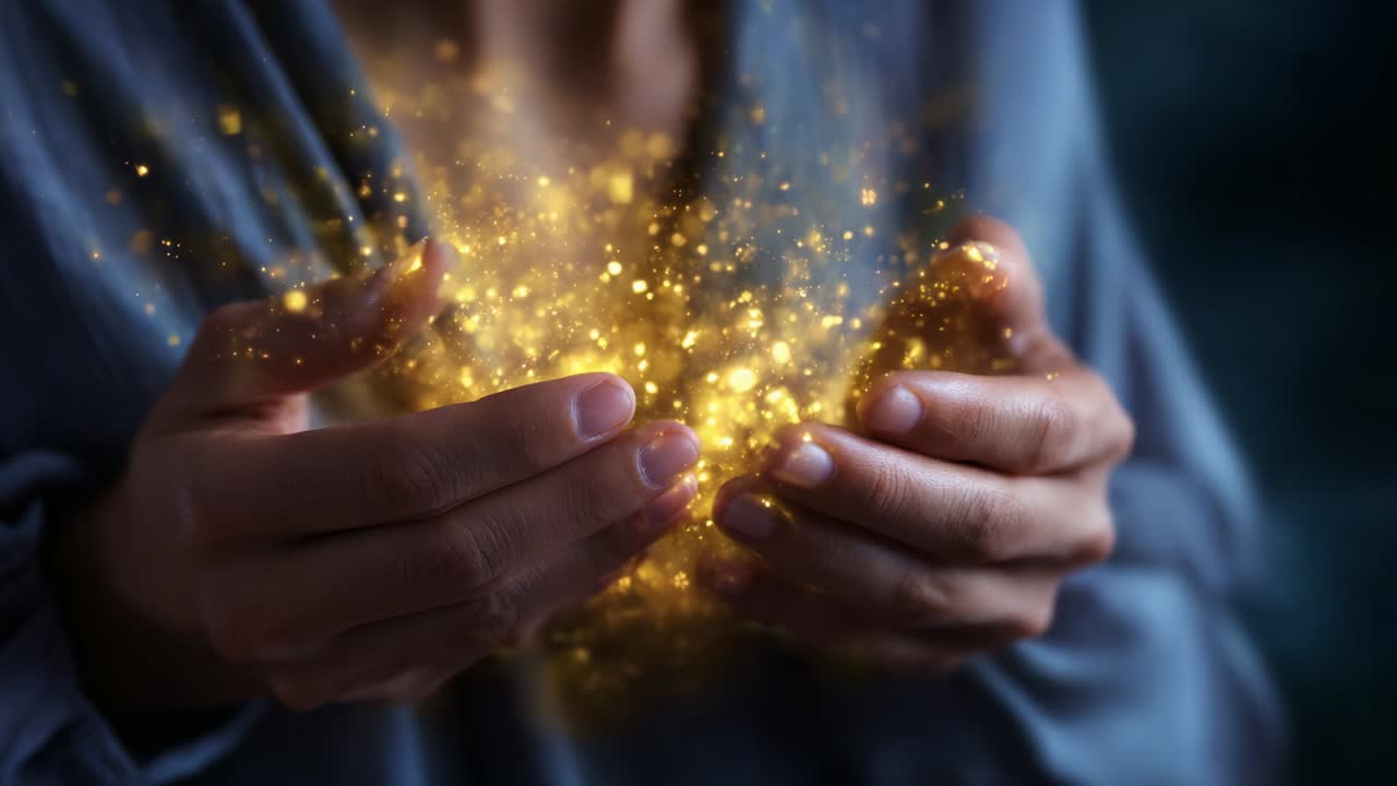 A person gently cradles a glowing orb of golden energy in their hands, showcasing the interplay between light and shadow, highlighting a moment of magic and wonder that captivates the imagination