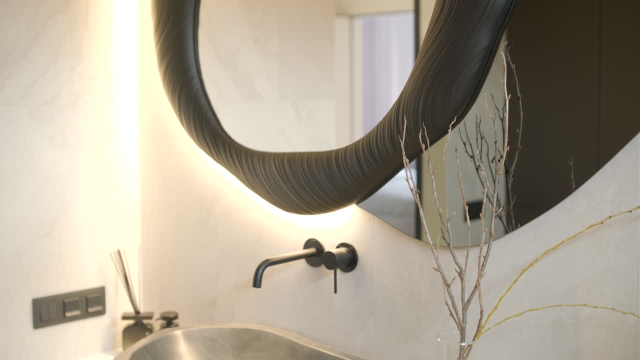 Modern Bathroom Vanity with Stone Sink and Backlit Mirror