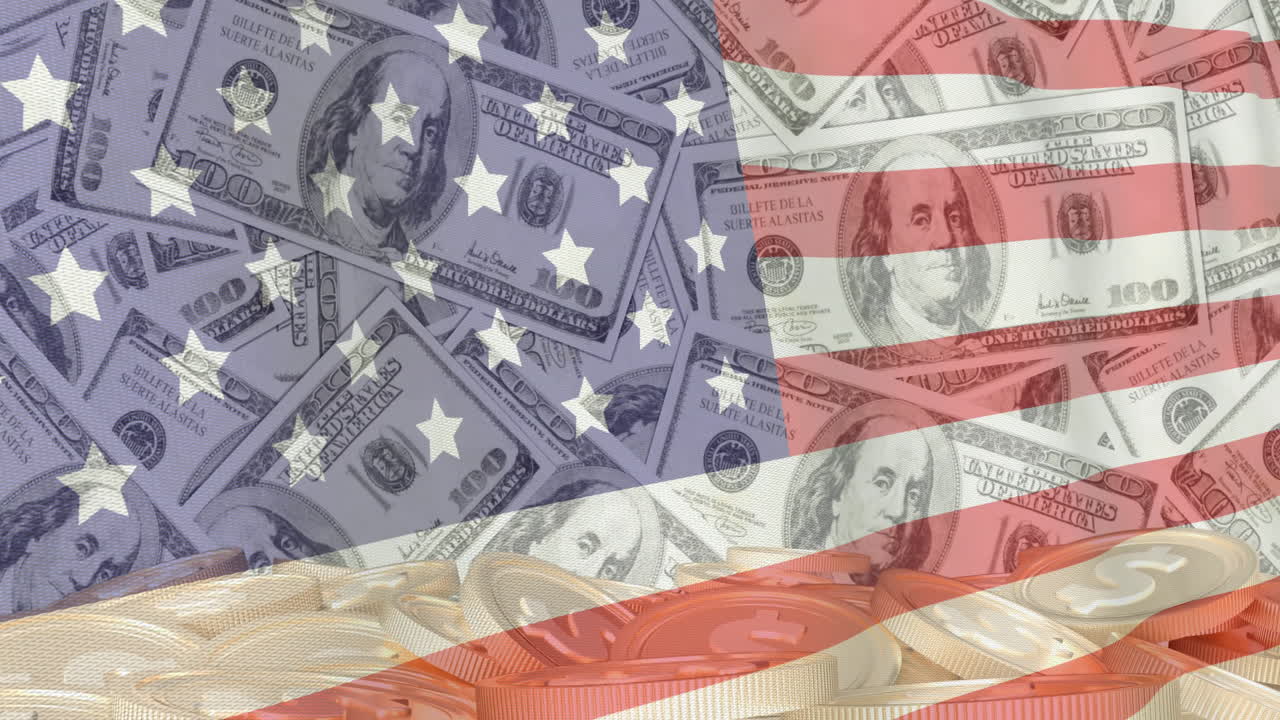 애니메이션 에서 100 달러 지폐 와 금 동전 을 휘두르는 미국 국기