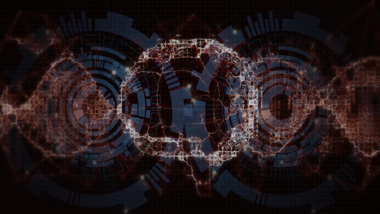 Animation of scientific data processing, dna strand and human brain over dark background