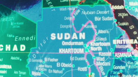 close-up view of a detailed map centered on sudan and neighboring african countries