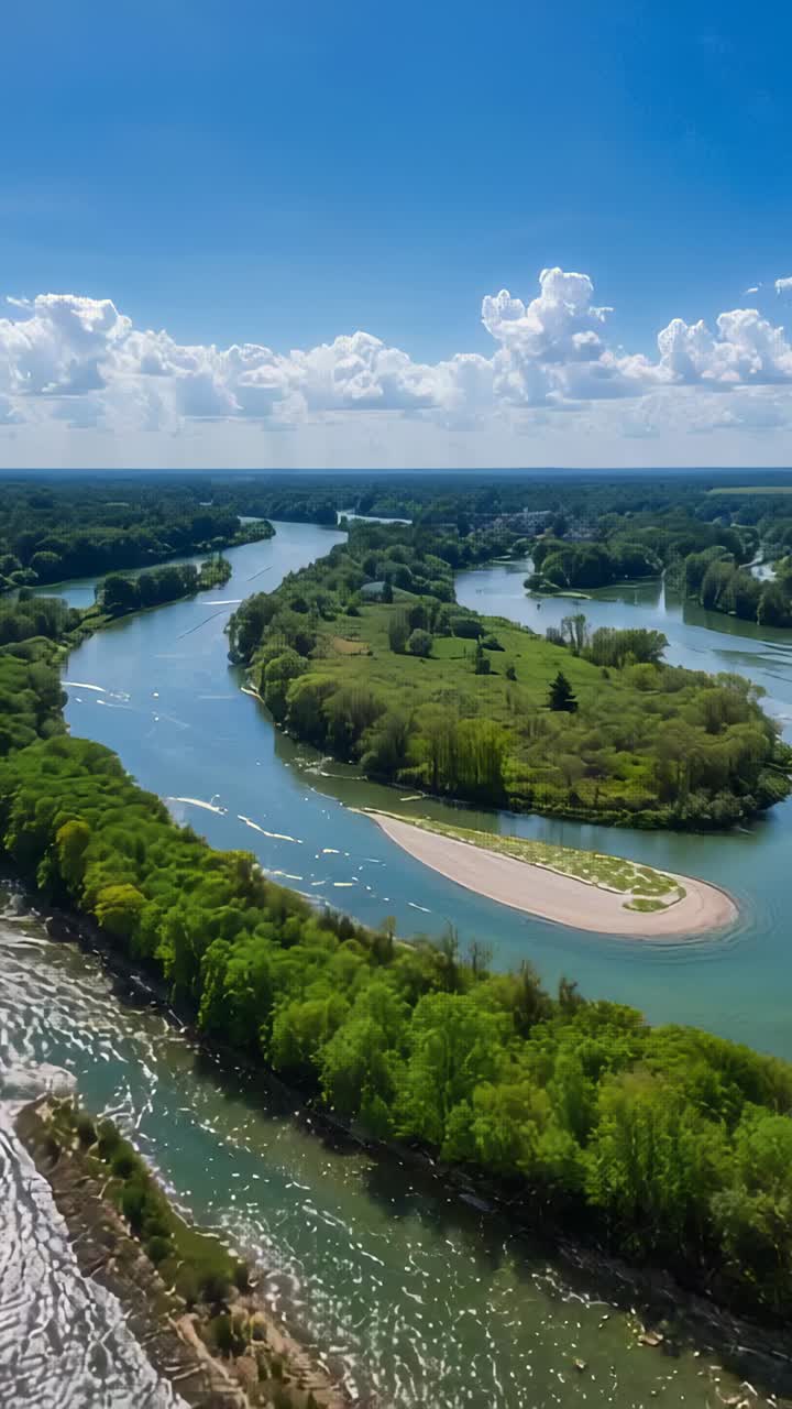 Vertical video: Descending drone tracking winding river over rural valley, revealing sandbar glints