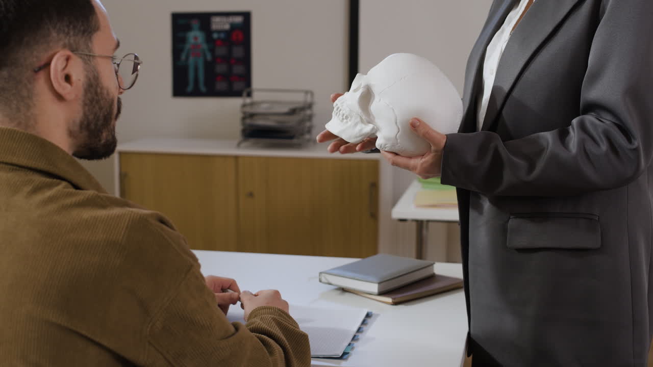 Doctor Explains Anatomy to Patient with Skull Model