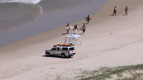 lifeguards perform a rescue drill on sandy beach