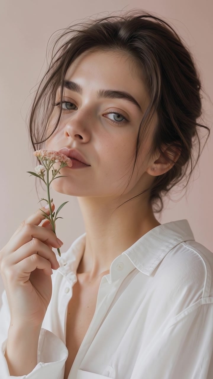 Giovane donna bellissima che tiene un piccolo fiore e chiude gli occhi su uno sfondo neutro.