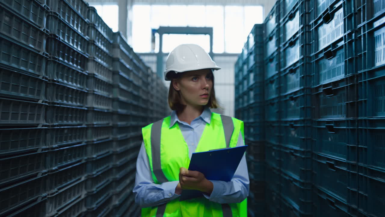 Woman warehouse employee examining blue supply boxes distribution walking