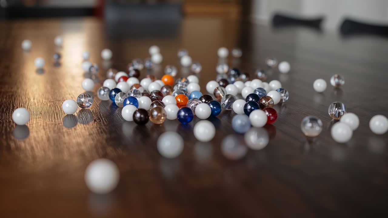 Shifting lens bringing glass marbles into changing focus on dark wood at home, showing reflections