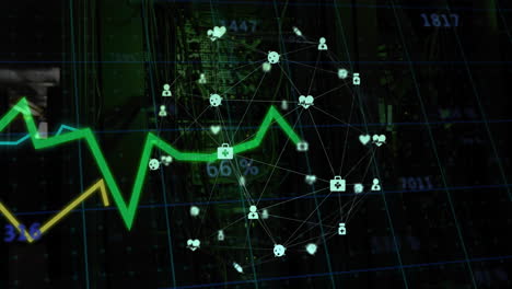 Green-line-graph-and-medical-icons-network-animation-over-cityscape