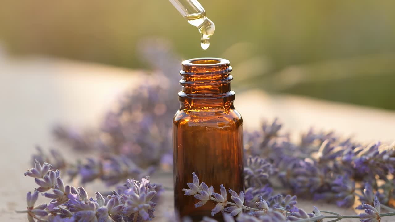 Nærbilledevideo af en pipetteflaske med lavendel, filmet i øjenhøjde, der indfanger sindsro.