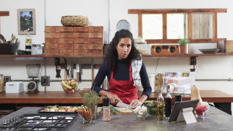 Biracial-female-cooking-vlogger-preparing-meal,-talking-and-filming-in-kitchen,-slow-motion