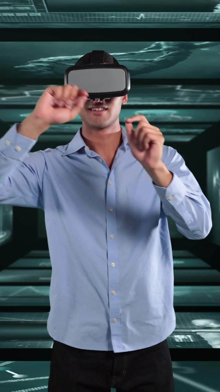 Animazione di un uomo d'affari che indossa un visore VR su schermi con elaborazione di dati medici.