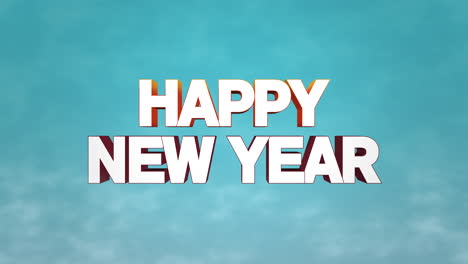 feliz año nuevo texto con cielo azul y nubes.
