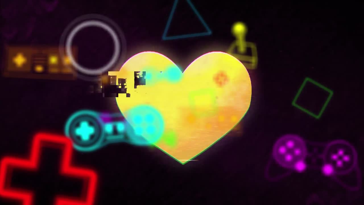 다양한 콘솔과 기하학적 모양을 가진 노란색 깨진 심장의 애니메이션