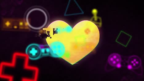animación de corazón roto amarillo con varias consolas y formas geométricas