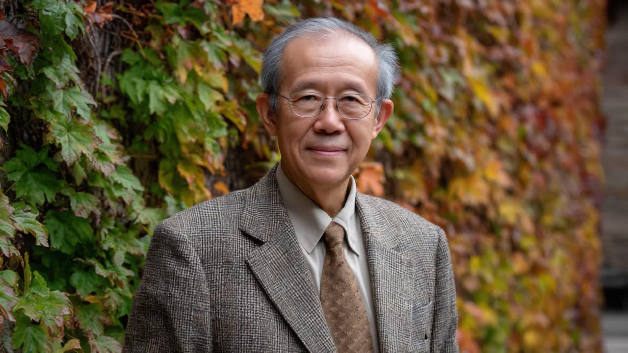 A thoughtful senior gentleman stands beside a colorful ivy-covered wall, exuding wisdom and grace, as the vibrant hues of fall foliage frame his elegant demeanor