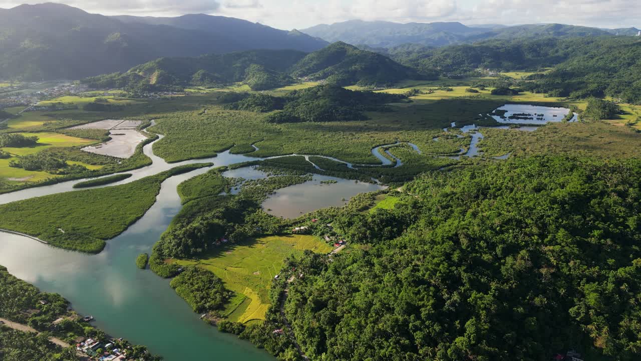 Breathtaking aerial flyover of lush valley with winding mangrove rivers and rolling hills during daytime at tropical island Catanduanes, Philippines.