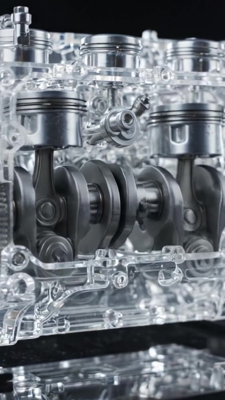 An In-Depth Look at a Transparent Engine Mechanism: Mechanics of Piston and Crankshaft Assembly Highlighted in Detailed Frames
