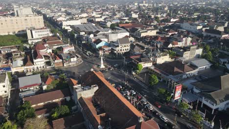 aerial view of downtown yogyakarta, you can see the icons of the yogyakarta monument, buildings, houses in the morning