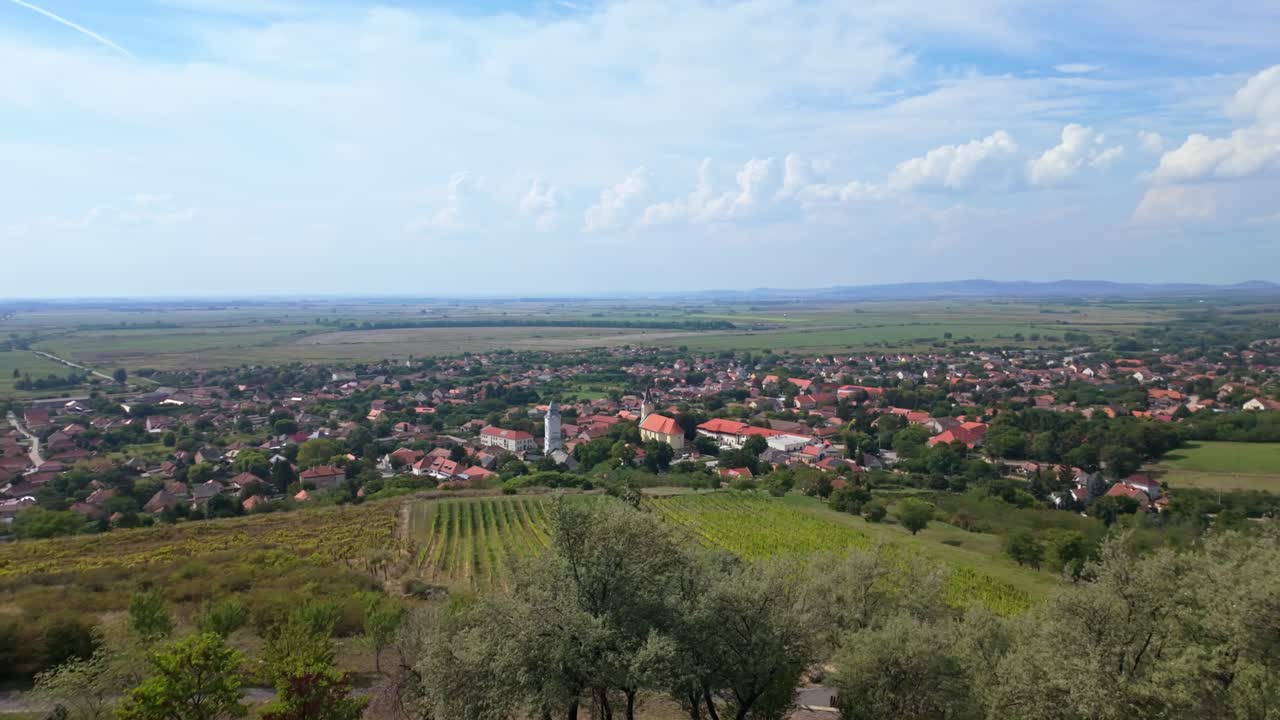 A panoramic view of Tarcal, Hungary, as the camera pans right, revealing the village, Tokaj-hegyalja vineyards, rolling fields, and a tranquil countryside under a clear autumn sky