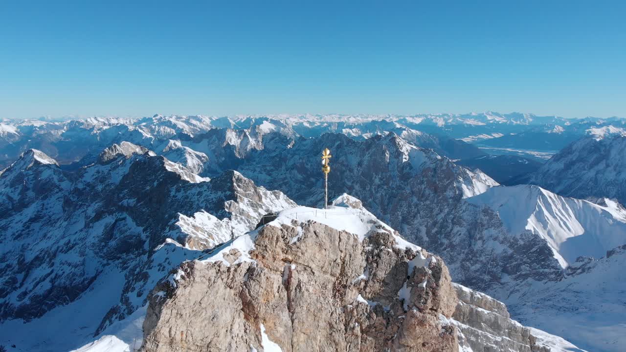 Aerial: drone flying backwards around the Zugspitze