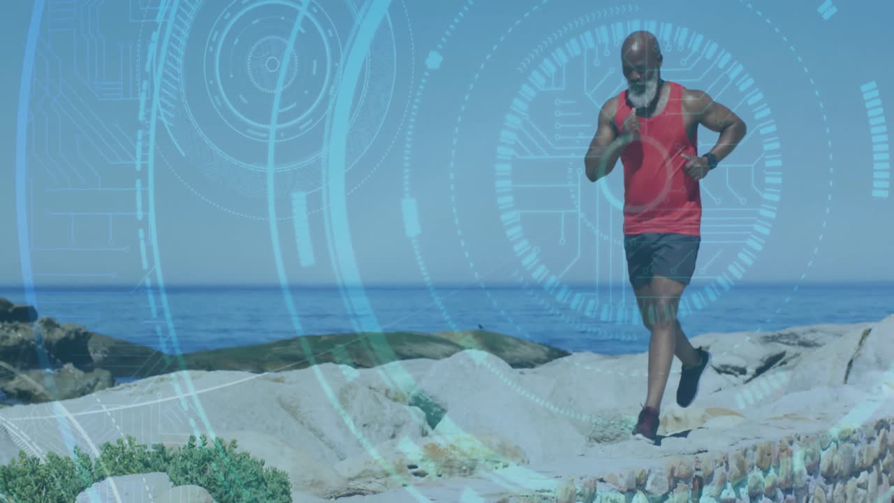 Round scanners against african american senior man running on the rocks