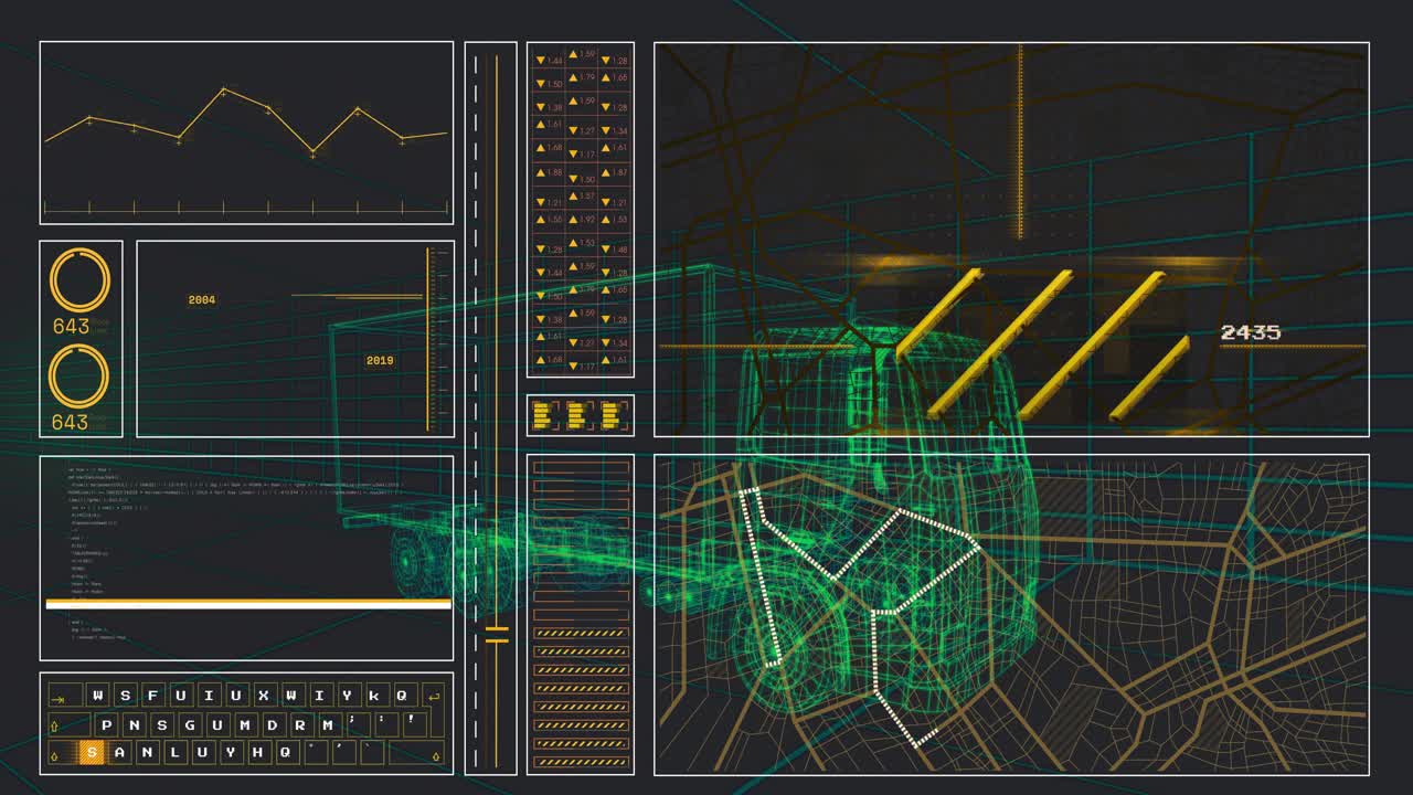 On startup 3D wireframe truck rotating while HUD panels appearing showing diagnostics and metrics