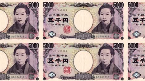 billetes de cinco mil yenes japoneses rodando en la pantalla, dinero en efectivo, bucle