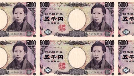 banknotes of five thousand yen japanese rolling on screen, cash money, loop