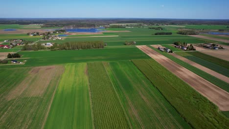 Drone-clip-moving-forwards-over-lines-of-farming-fields-towards-area-of-flooded-land
