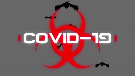 animación del texto de advertencia covid19, sobre el símbolo de peligro biológico rojo y los murciélagos, en gris